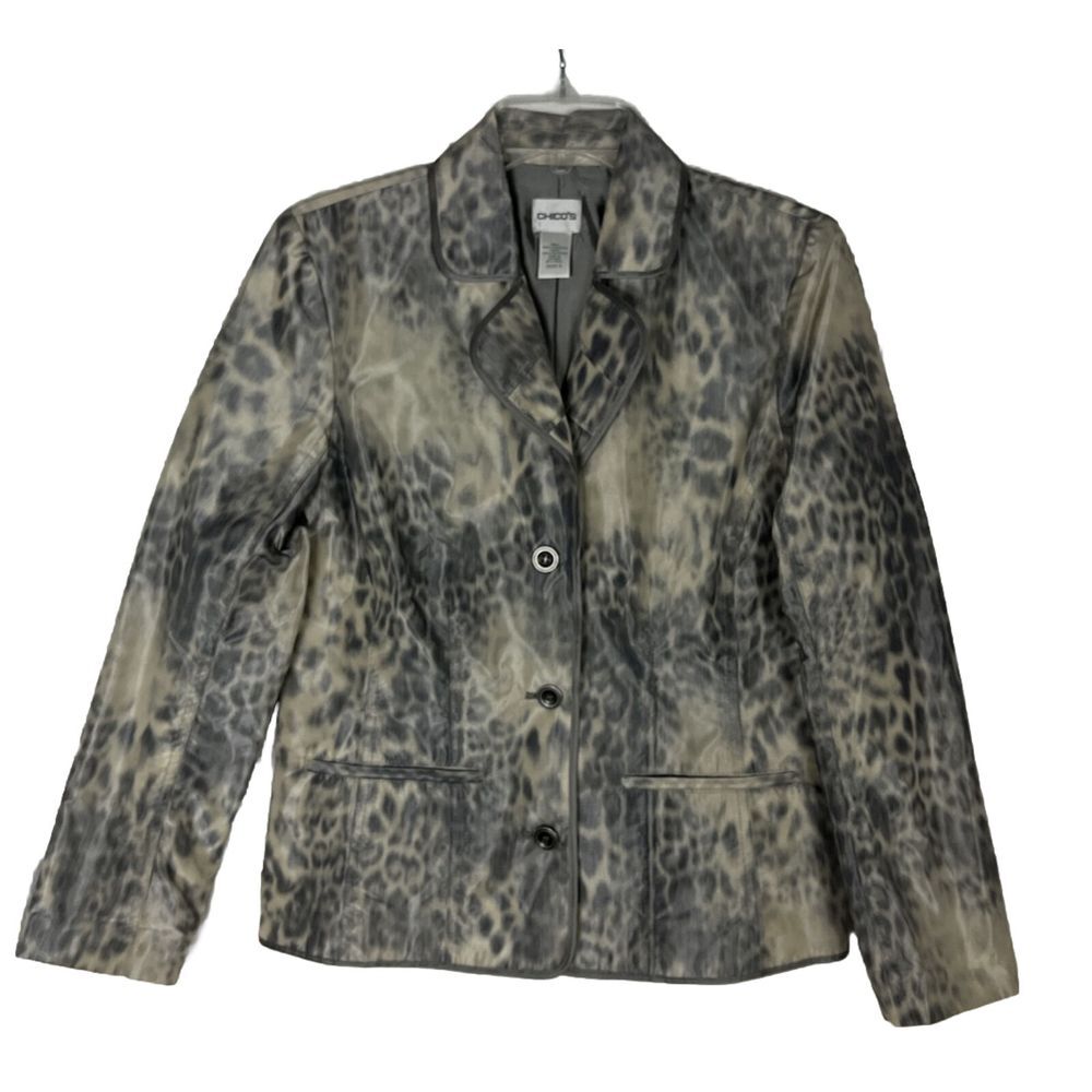 Chico's‎ Women's Size 0 Animal Print Nice Blazer Jacket Gray Beige